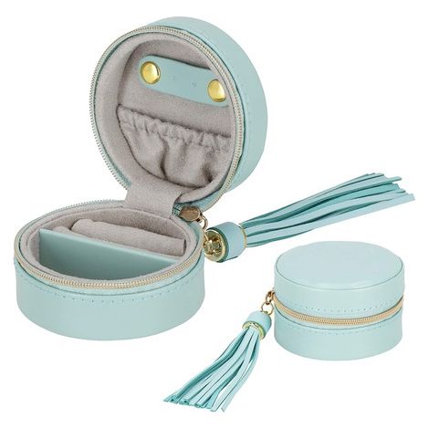 Scatola per gioielli tonda 8x5 cm in ecopelle color menta con scompartimenti