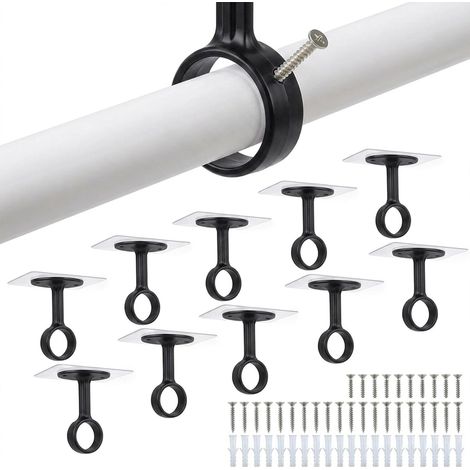 Lot de 10 Supports Tringle Rideaux sans Percage, Fixation Plafond ou Murale, Installation adhésive ou vissée, Crochet pour Tringle de 31,8mm et Moins, Noir (1/5)