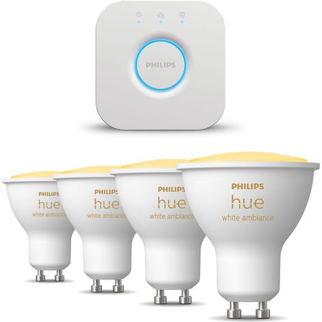 Philips Hue Kit de démarrage GU10 avec 4 Spots LED Lumière blanche chaude à froide - Comprend 1 Bridge - White Ambiance (1/5)