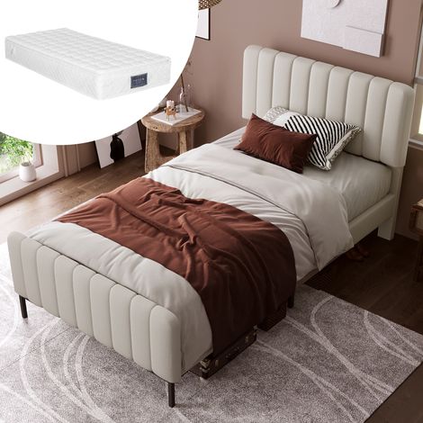 Polsterbett Leinen Grau-Beige 90x200 cm mit Lattenrost, Matratze und höhenverstellbarem Kopfteil (1/5)