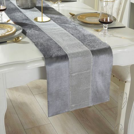 Camino de mesa gris de 32 x 180 cm, camino de mesa con lentejuelas, botellero plateado con forma de diamante (180 cm, gris) (1/4)