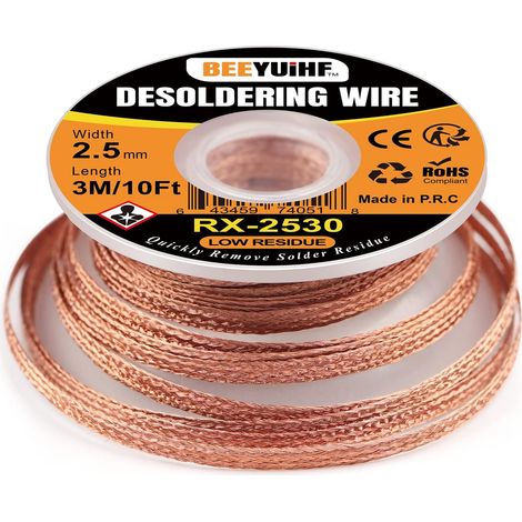 Tresses à Dessouder, Tresse de Dessoudage, Trèsse fil à Souder Wick avec flux, pour enlever la soudure et démonter les, longueur: 3M/10', Largeur 2.5mm/0.10'' (1 Pièce 2.5mm 3m) (1/5)