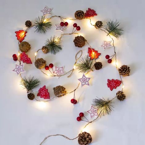 3 m lange Weihnachtsgirlande mit 30 LEDs und Tannenzapfen, rote Beeren-Weihnachtsgirlande mit Lichtern, Lichterkette mit bis zu 30 LEDs, Dekoration (1/5)
