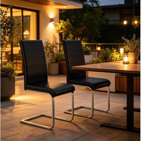 Sedia cantilever in metallo e PU nera, ergonomica, stabile, con schienale alto, 2 pezzi (1/5)