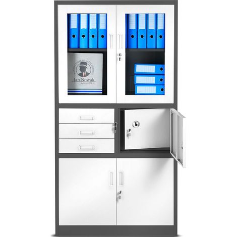 Armoire en métal avec vitrine et coffre-fort FILIP, 900 x 1850 x 400 mm, blanc anthracite (1/4)