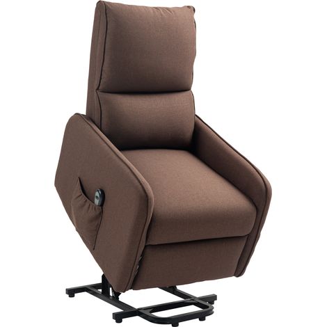 Fauteuil élévateur électrique inclinable 135° tissu lin télécommande repose-pieds poche latérale salon, marron foncé (1/5)