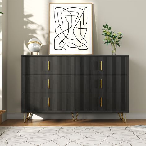 Commode à 6 tiroirs 120x77x40cm - Armoire égant au design moderne, espaces de rangement, poignées dorées - Noir (1/5)