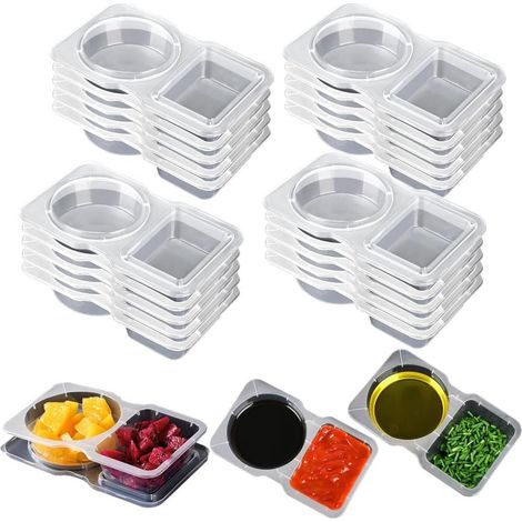 20 wiederverwendbare Snackboxen mit 2 Fächern (14 x 8,5 x 2,5 cm) – Transparente Aufbewahrungsboxen für die Zubereitung von Mahlzeiten, Soßen und Gewürzen – Spülmaschinenfest mit Deckel.