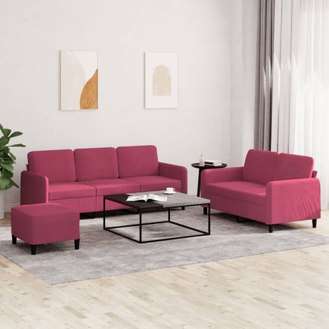 Ensemble canapé 3 pièces en velours rouge bordeaux avec repose-pied - PANGIVO (1/5)