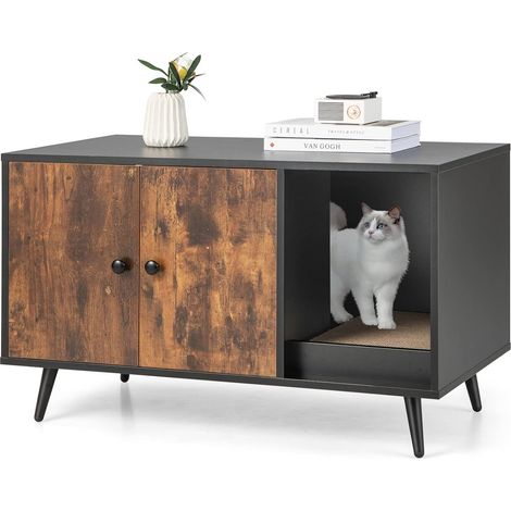 COSTWAY Mobile per Lettiera per Gatti, Casetta per Gatti Moderno con Scomparto a Doppia, Anta, Vano Aperto e Tiragraffi, Mobiletto Multiuso e Moderno da Interno, 90 x 50 x 54 cm (1/5)