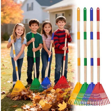 Lot de 4 râteaux légers pour enfants avec manche en bois - Râteau de jardin en plastique pour ramasser les feuilles, outils de jardin sûrs pour les enfants, garçons et filles. (1/5)