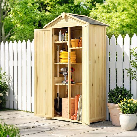 Caseta de Jardín de Madera 93x53x168 cm Armario para Herramientas con 4 Estantes 3 Puertas y Ganchos Madera Natural (1/5)