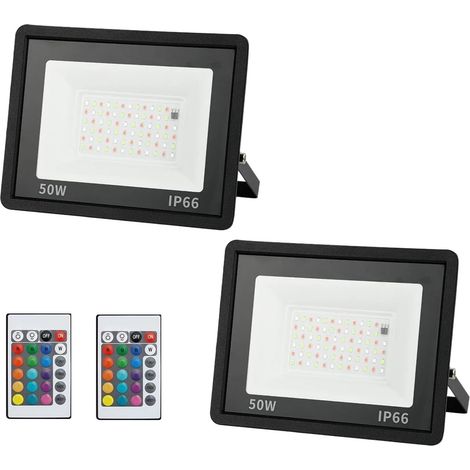 2 Projecteur LED, RGB 50W,220V,16 Couleurs, IP66, Télécommande,pour garage, cour, patio, aire de jeux