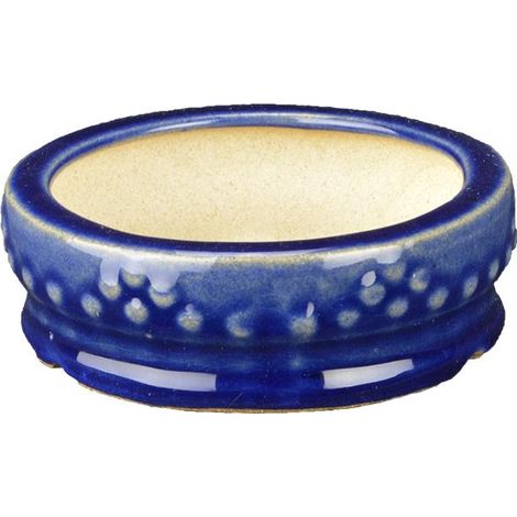 Vaso per bonsai rotondo in gres smaltato blu 8x8x3 cm - SF2