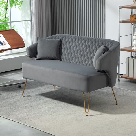 Sofá de 2 Plazas Tapizado en Terciopelo con 2 Almohadas Reposabrazos y Patas de Acero Carga 240 kg 124x69x76 cm Gris (1/5)