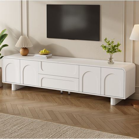 Mueble para TV de 180x40x46 cm con 4 puertas, 2 cajones y sistema de gestión de cables, almacenamiento simétrico, MDF blanco. (1/5)