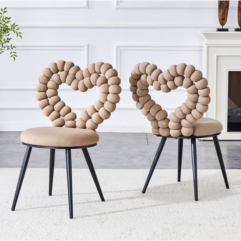 Set di 2 sedie da pranzo con schienale a forma di cuore in velluto e gambe in metallo, nero e cammello (1/5)