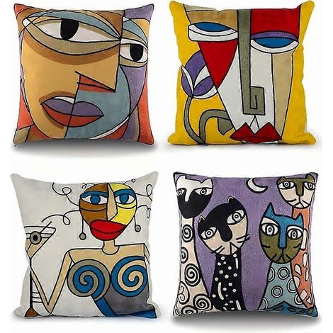 Ensemble de 4 housses de coussin Picasso 45x45 cm en coton et lin brodé, style scandinave, pour canapé, salon, chambre, lit, bureau ou fauteuil. (1/5)