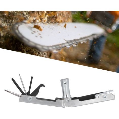 Jeu d'outils multifonction pour tronçonneuse Stihl : tournevis, douilles, clés hexagonales et limes.