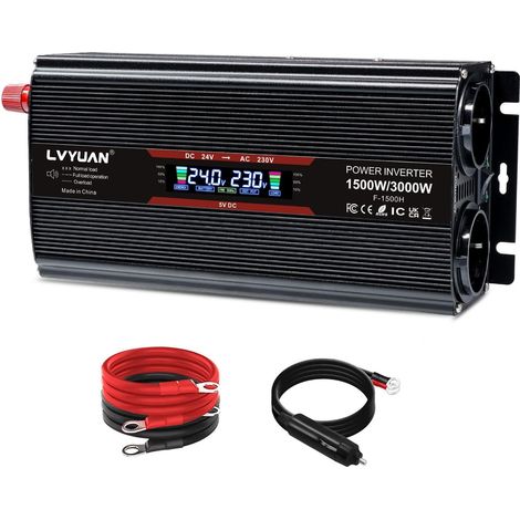 Convertisseur 24V 220V 1500W/3000W Convertisseur de Tension avec écran LCD, 2 Prises UE, USB 5V et Allume Cigare de Voiture, Noir Convertisseur de Tension avec écran LCD, 2 Prises UE, USB 5V et Allum (1/5)