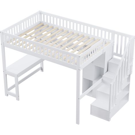 Letto a soppalco 140x200 cm con LED, scala contenitore, ripiani e scrivania, bianco (1/5)