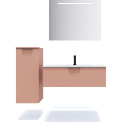 Meuble de salle de bain suspendu vasque intégrée 90cm 1 tiroir Abricot + miroir + colonne ouverture gauche - Soho (1/5)