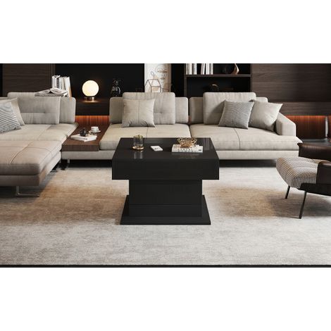 Table basse géométrique  Plateau pivotant à 360°  Table basse relevable avec tiroirs  Table de salon laquée haute brillance avec rangements dissimulés  Table d'appoint / Table d'angle — Noir.