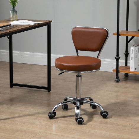 HOMCOM Vintage Massagehocker – 360° drehbarer Arbeitshocker – Höhenverstellbare Sitzhöhe 49–64 cm – Brauner Kunstlederbezug, verchromtes Metallgestell