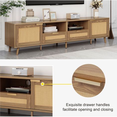 Meuble TV en rotin, 200x37x49 cm, plateau TV en plastique imitation rotin, pieds en bois massif, support téléviseur design, console TV scandinave (1/5)