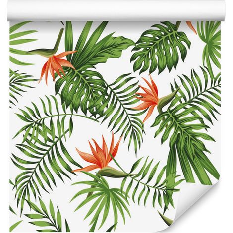 Papel pintado con elegantes hojas y flores tropicales para salón y dormitorio, 50x1000 cm. (1/5)