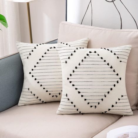Set of 2 Cushion Covers 45x45cm, Bohemian Decorative Cushion Modern Woven Square Pillowcase for Sofa Bedroom Living Room, Black and White (1/5)