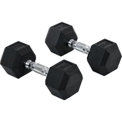 Mancuernas hexagonales, juego de 2, hierro fundido, mangos moleteados, juego de mancuernas, pesas, metal y goma, negras, 2 x 8 kg, en tienda (1/5)