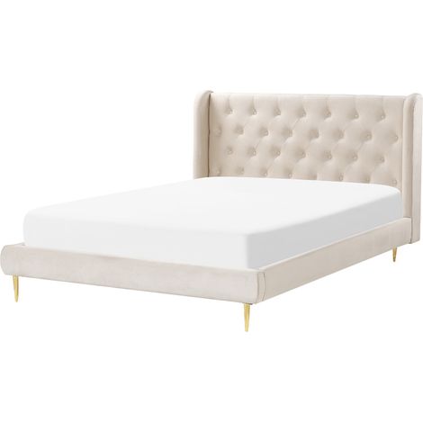 Cama con somier de terciopelo beige dorado 140 x 200 cm cabecero capitoné Forbach