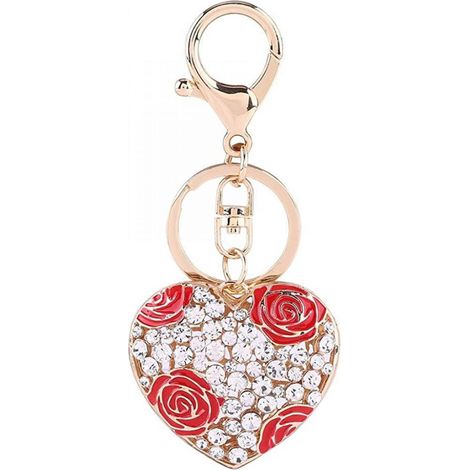 Porte-clés en cristal en forme de cœur, pendentif romantique en cristal avec cœur et rose, cadeau pour fille - Rouge (1/4)