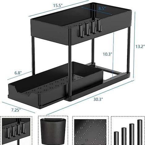 Aufbewahrungsregal unter der Spüle mit ausziehbarer Schublade Multifunktional für Küche, Bad 2-stufiges schmales Regal mit Haken (Schwarz, 1)