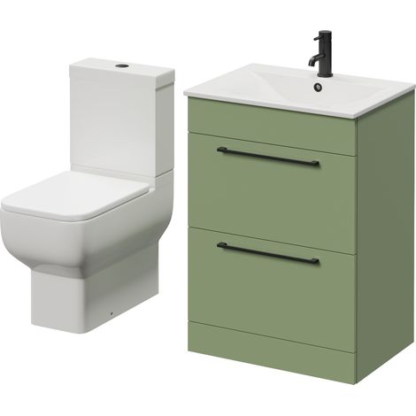 Napoli 460 Olive Green 600mm 2 Drawer Vanity Unit and Tacoma Comfort Height Toilet Suite with Angel Basin - 600mm - Matt Black 320mm Handle
