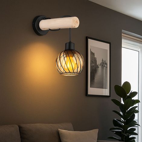 LED Wandleuchte Holzlampe Glasschirm rund Wandlampe amber Glas Wohnzimmerlampe Holz Glas amber, Metall, 6W 806Lm warmweiß, LxBxH 27x13x30 cm