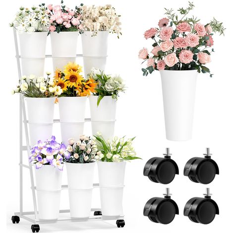 Présentoir à fleurs à roulettes avec 9 seaux, présentoir à fleurs métallique à 3 étages, présentoir mobile pour plantes d'intérieur et d'extérieur, mariages, fleuristes, jardin (blanc) (1/5)