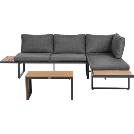 Conjunto de exterior con sofá modular cojines y mesa de centro en gris y marrón claro Pienza