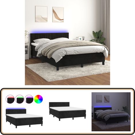Boxspringbett mit Matratze & LED Schwarz 140x200 cm Samt - Boxspringbett - Samtbett - Doppelbett - LED Beleuchtung - Matratze Inklusive