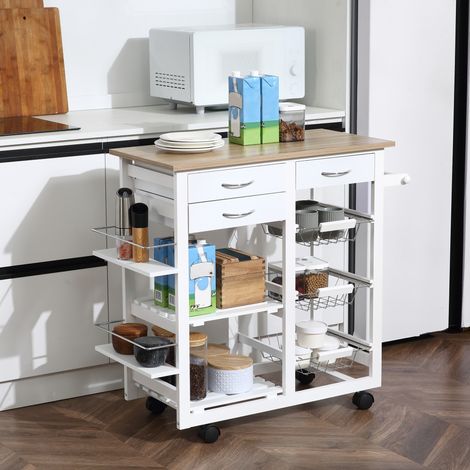 Chariot de cuisine multifonctionnel avec tiroirs paniers étagères porte-serviettes roues 92x37x82 cm blanc
