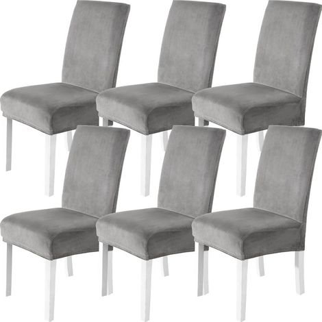 Housses de chaise universelles extensibles en velours (6 pièces), texture douce, protègent et décorent les chaises, gris clair (1/5)