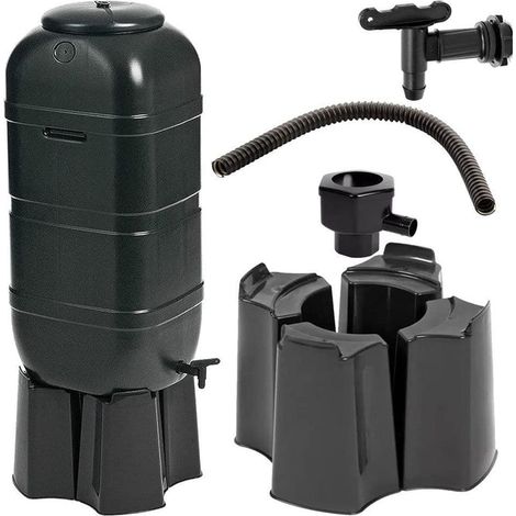 1 x 100L Black Slimline Space Saver Water Butts Complete with Stand, Lid and Diverter Rain