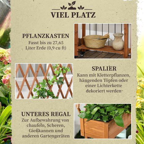 Potager surélevé en bois massif marron avec treillis intégré, étagère de rangement et roulettes, dimensions 79 x 29 x 130 cm (1/4)