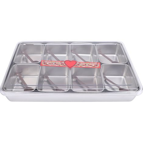 Bandeja para servir con 8 recipientes y 8 cucharas, ideal para cócteles, ensaladas de frutas y otras ocasiones. Accesorios de bar, decoración para fiestas, acero inoxidable. (1/5)