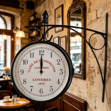 Horloge murale double face vintage en fer forgé noire avec cadran rond silencieux réf 4200 1,5 kg – Livraison gratuite (1/5)