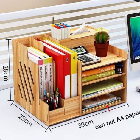 Organisateur de bureau - Bois et PP - 39 x 29 x 38 cm - Jaune - Pour bureau maison bibliothèque - 1 pièce (1/4)