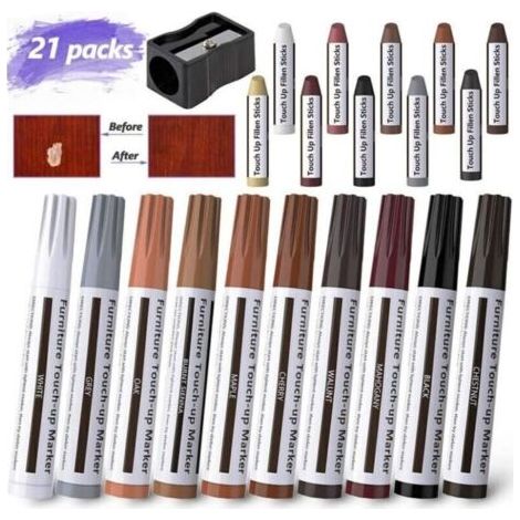 – Kit de réparation de meubles 21 pcs – Marqueurs et bâtons de cire pour égratignures et décoloration – Couleurs variées pour bois dur (1/5)