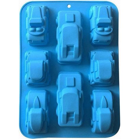 Moule en silicone bleu avec 8 formes de voitures, dimensions 29 x 17,4 x 1,5 cm, moule à pâtisserie et résine créative (1/4)