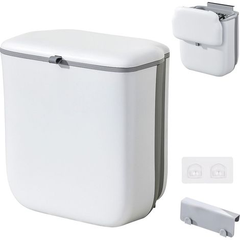 Cubo de basura colgante para cocina, cubo de plástico plegable de 10 litros con tapa, cubo de pared para cocina, camping, caravana, baño, dormitorio y exteriores.